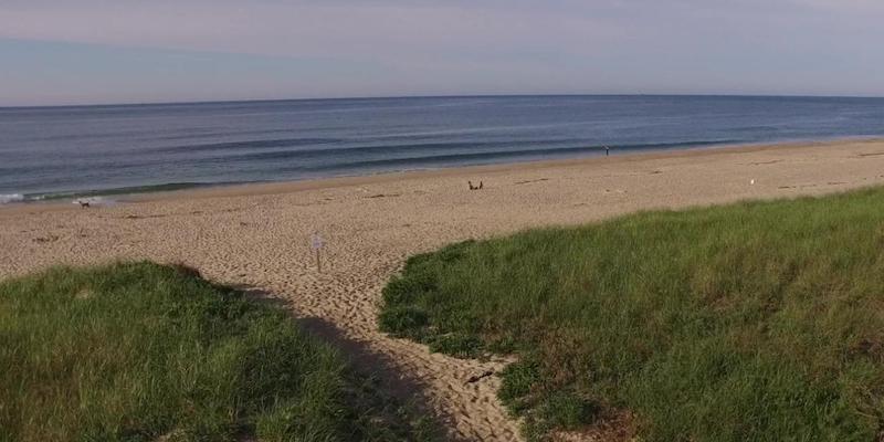 surfside beach in nantucket massachusetts with pink hue in sky 